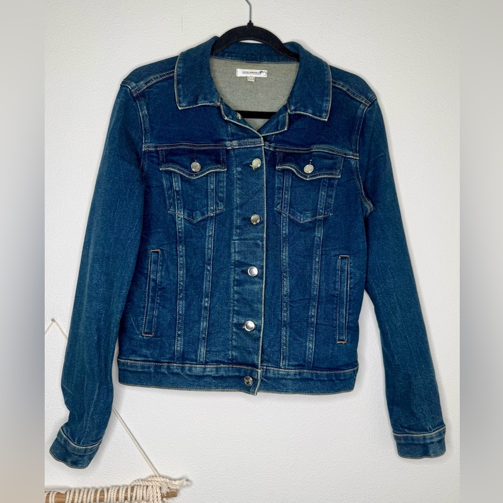 good American Jean jacket dark denim wash outerwear stretch Indigo Blue classic